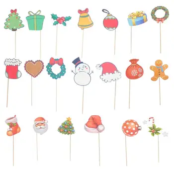 

20Pcs Christams Photo Booth Props Xmas Party Photobooth Props Handheld Santa Claus Snowman Cake Topper DIY Decorations