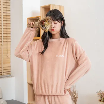 

2019 Women's Pajamas Set Plus Velvet Wear Autumn and Winter Loose Beam Foot Loose Pajamas Home Pajamas