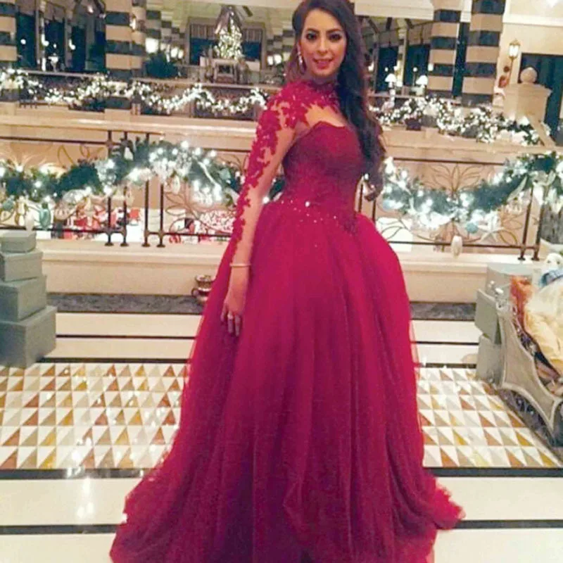

vestido de noiva Fashion Burgandy High Collar Appliqued Beaded Long Sleeve Prom weddings bridal gown mother of the bride Dresses
