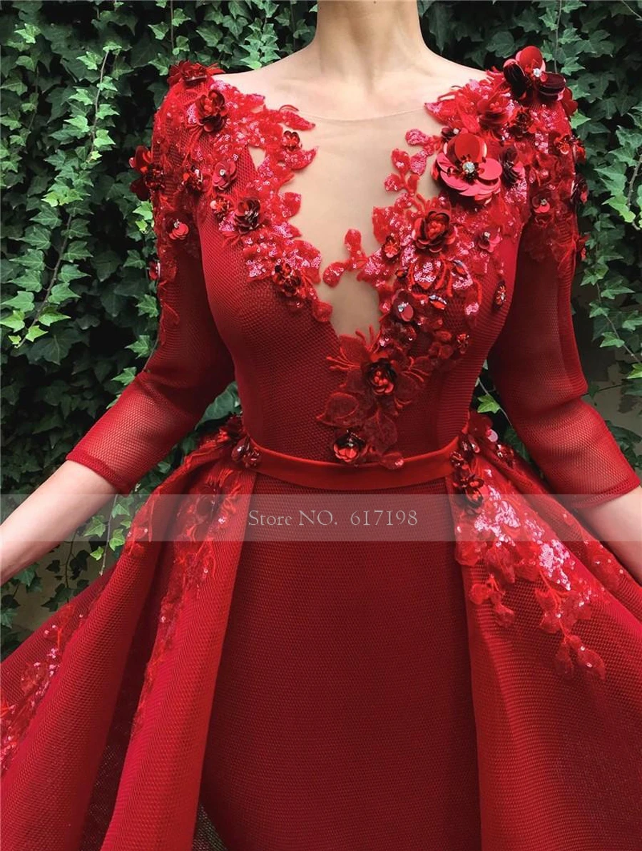 black formal dresses 2022 Red Elegant Scoop Neck Lace Evening Dresses Long Sleeves Applique 3D Floral Floor Length Evening Prom Gowns With Over Skirt red evening gowns