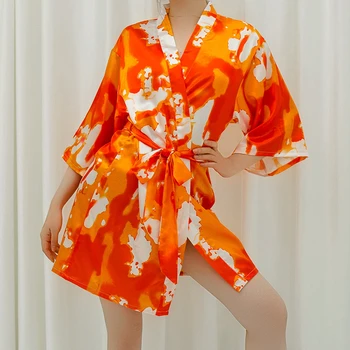 

Women's nightgown summer sexy robe tie dye flame printing sleepwear morning robe plus size home service bathrobe pijamas new