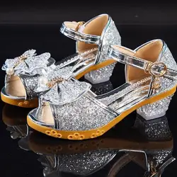 Girls' Crystal Bow Knot Dress Sandals - Princess Party Shoes - 26(insole 16.2cm) (018silvery)