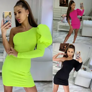 

Sexy Womens One Shoulder Bodycon Dress Elegant Ladies Bandage Puff Long Sleeve Short Mini Autumn Casual Slim Dress Clubwear