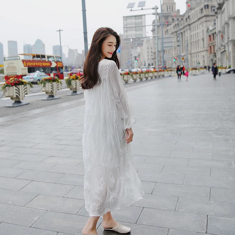 

Spring French Base Skirt Mid-length Chiffon Skirt Skirt Slimming Long Sleeve xia chao Fairy Wrinkle Dress Women's