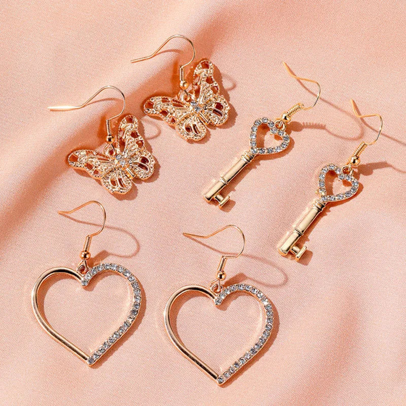 Bohemian Butterfly Key Heart Drop Earrings for Women Crystal Gold Simple Hoop Earring Daily Pendant Boho Jewelry Femme Gift | Украшения и