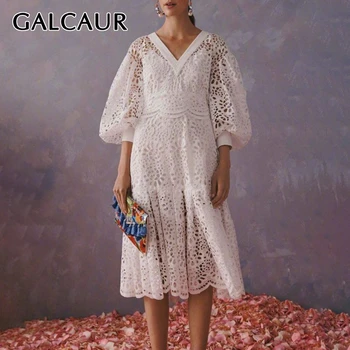 

GALCAUR Korean Hollow Out Dresses Woman V Neck Lantern Long Sleeve High Waist Patchwork Lace Midi Dress Female 2020 New Fashion
