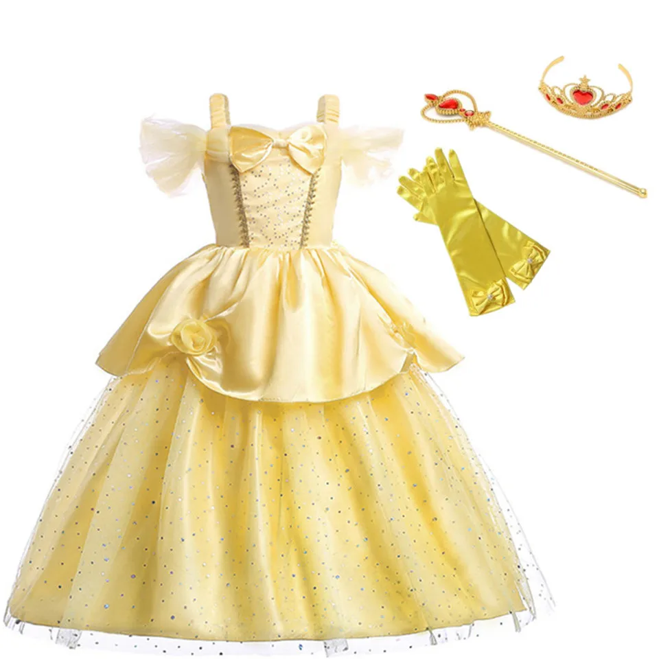 Коллекция года, платье Белль для девочек, фантазийное желтое платье феи с открытыми плечами, нарядное карнавальное платье для девочек, Красавица и чудовище, одежда принцессы