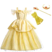 Коллекция года, платье Белль для девочек, фантазийное желтое платье феи с открытыми плечами, нарядное карнавальное платье для девочек, Красавица и чудовище, одежда принцессы