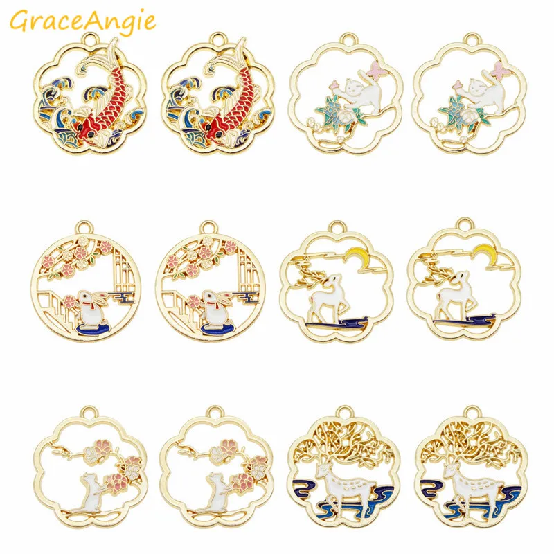 4pcs/pack Alloy Enamel Charms Lucky Animals Fish Cat Rabbit Elk Flower jewelry funny dangle earrings accessories brooches Charm | Украшения