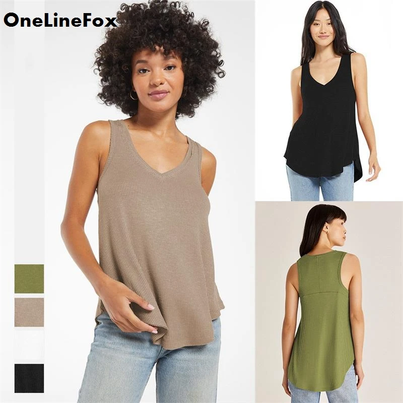 

OneLineFox Rib-Knit V Neck Tank Top Woman Shirts Sleeveless Solid Colored Wrap Soft Comfy Simple Basic Vest Black Summer Tank