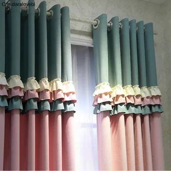 

Blackout Curtains for Living Room Bedroom Korean Pink Green Curtain With Lace White Sheer Curtain Embroidery Tulle Girl Blinds