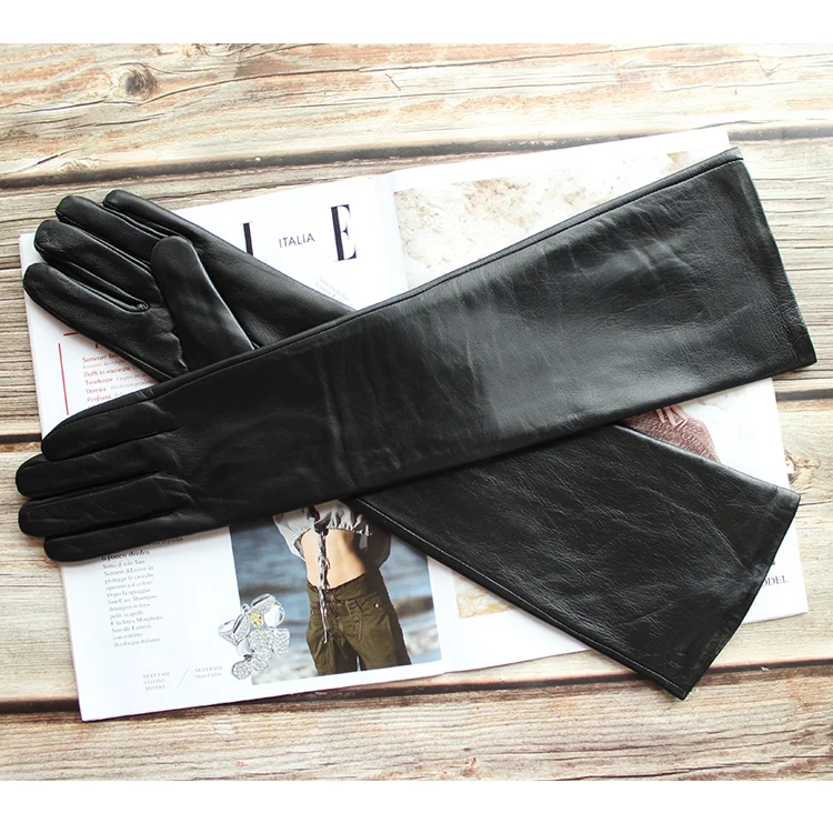 New Women's Super Long Leather Gloves Over Elbow Fashion Black Imported Sheepskin High Quality Mink Leather Touch Screen Gloves