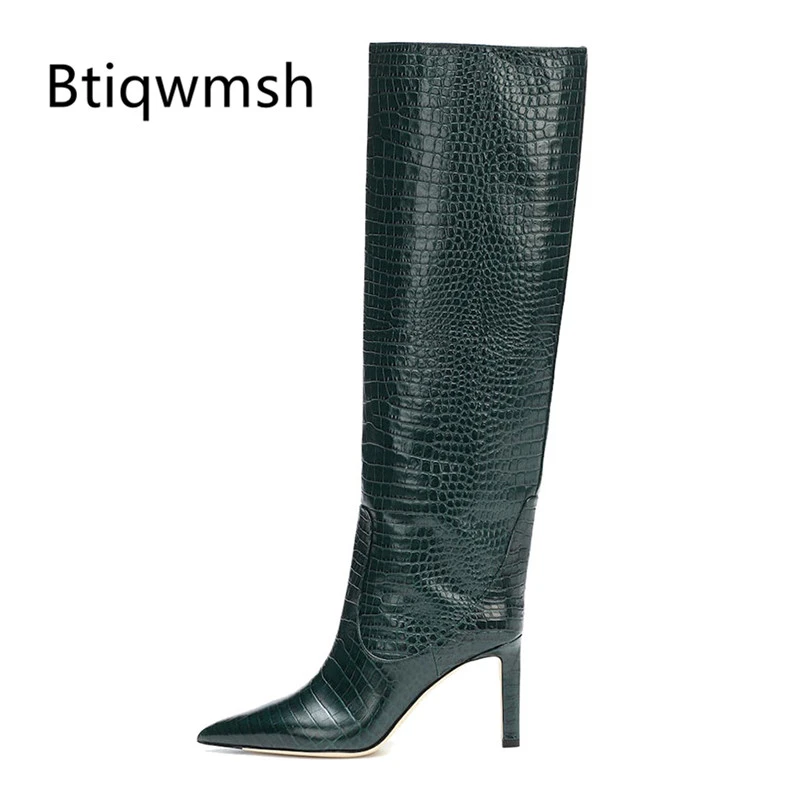 2019 botas de pasarela de cocodrilo verde mujer Zapatos de tacón alto mujer botas hasta la rodilla de moda|Botas hasta la rodilla| - AliExpress