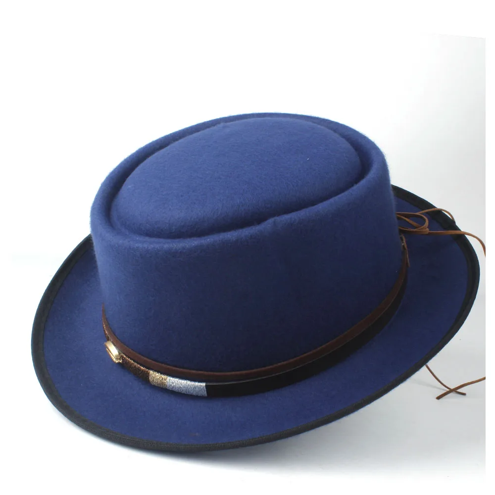 Unisex Men Women Pork Pie Hat With Belt Retro Trilby Hat Tea Party Hat Outdoor Casual Wool Flat Fedora Jazz Hat Size 58CM