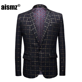

Aismz Brand New Men Fashion Gold Plaid Blazer Masculino Slim Fit Design Plus Size Male Casual Suits Jacket Veste Homme Costume