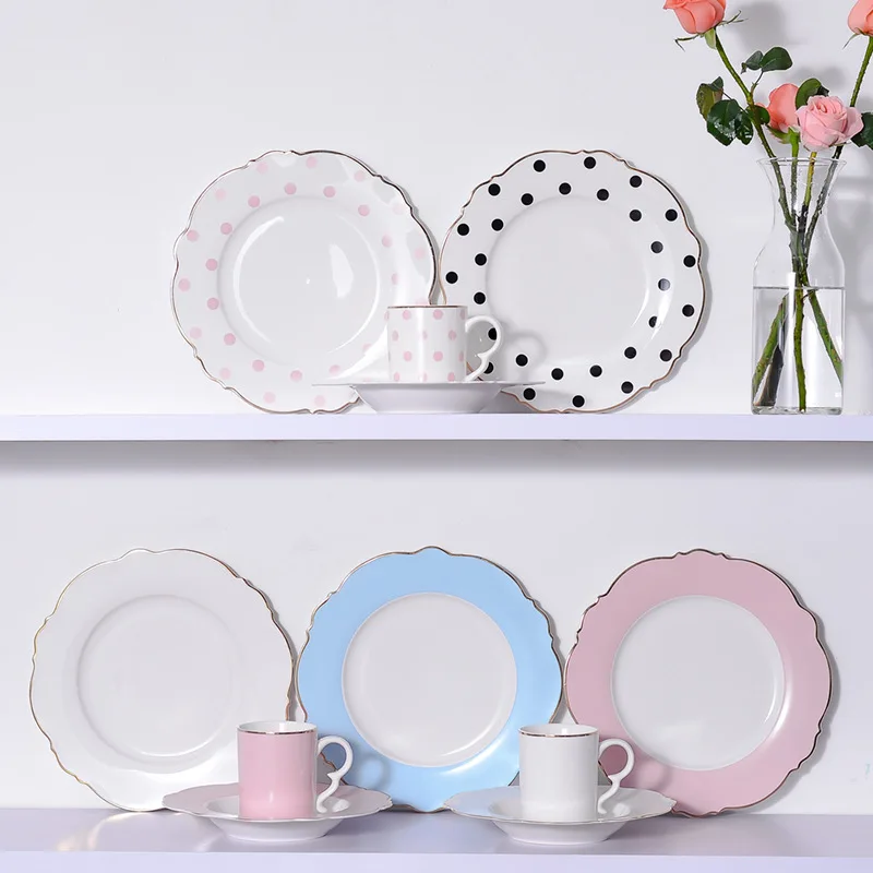 Creative Ceramic Plate Pink Wave Point Simple Flat Plate Western Steak Girl Heart Set Irregular Golden Girl