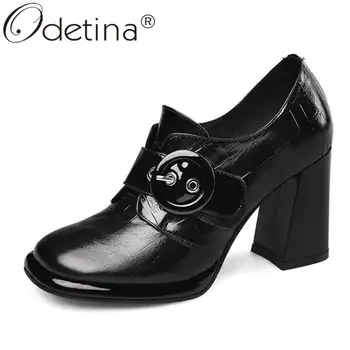 

Odetina Women Fashion Buckle Strap Slip On Square Toe Dress Shoes Female Vintage Block High Heel Plaid Cow Leather Casual Shoes
