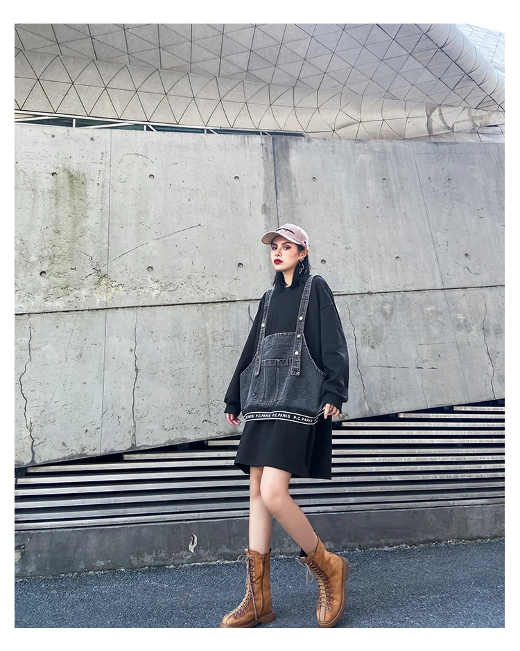 QING Mo Fashion Brand Women Spring Two Pieces Set Women Black Pullovers Sweatshirt+ Denim Vest New Fashion ZQY2639
