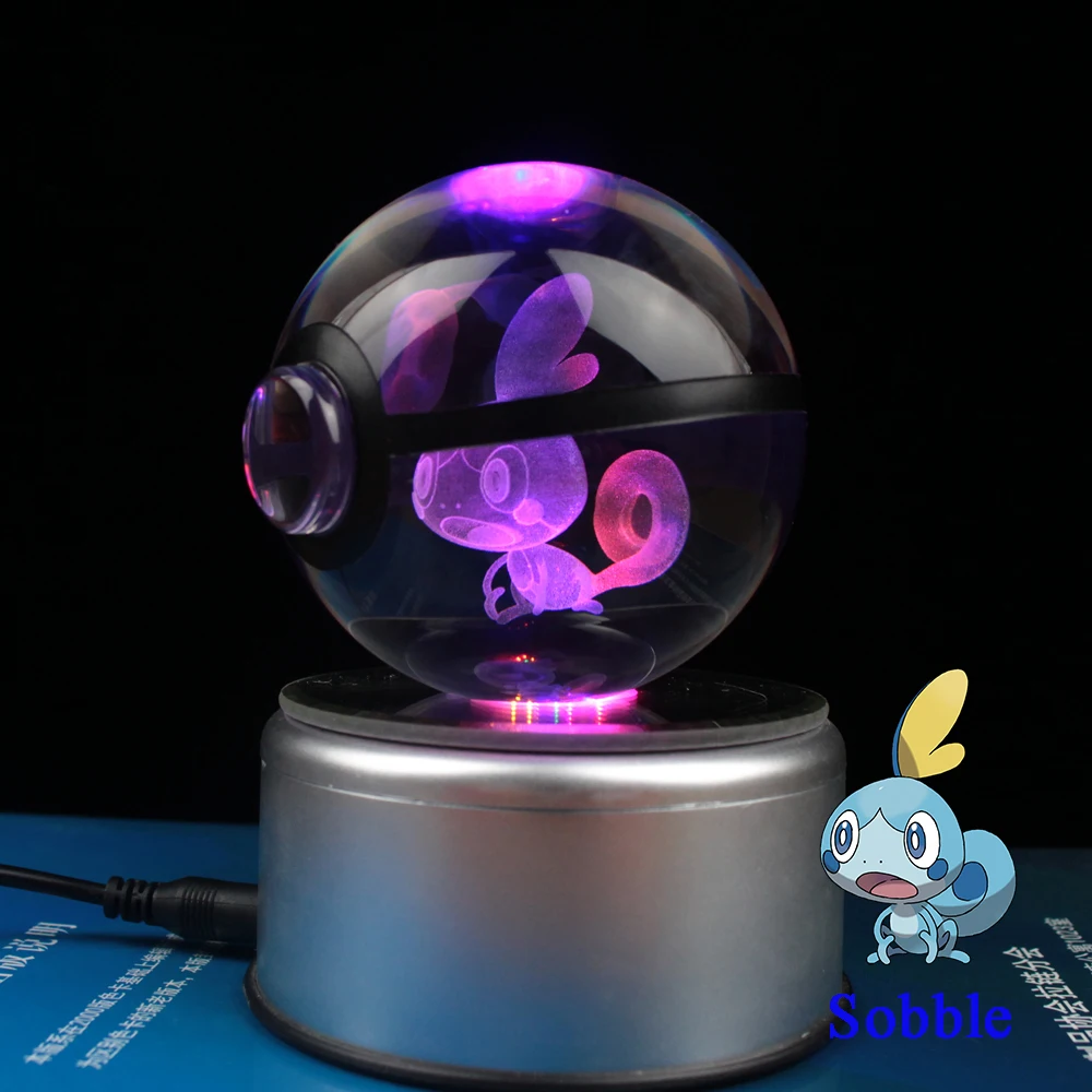 

3.15 Inch Diameter Transparent Clear Crystal Pokeball New Sward and Shiled Sobble Pokemon Go Figurine with LED light Stand