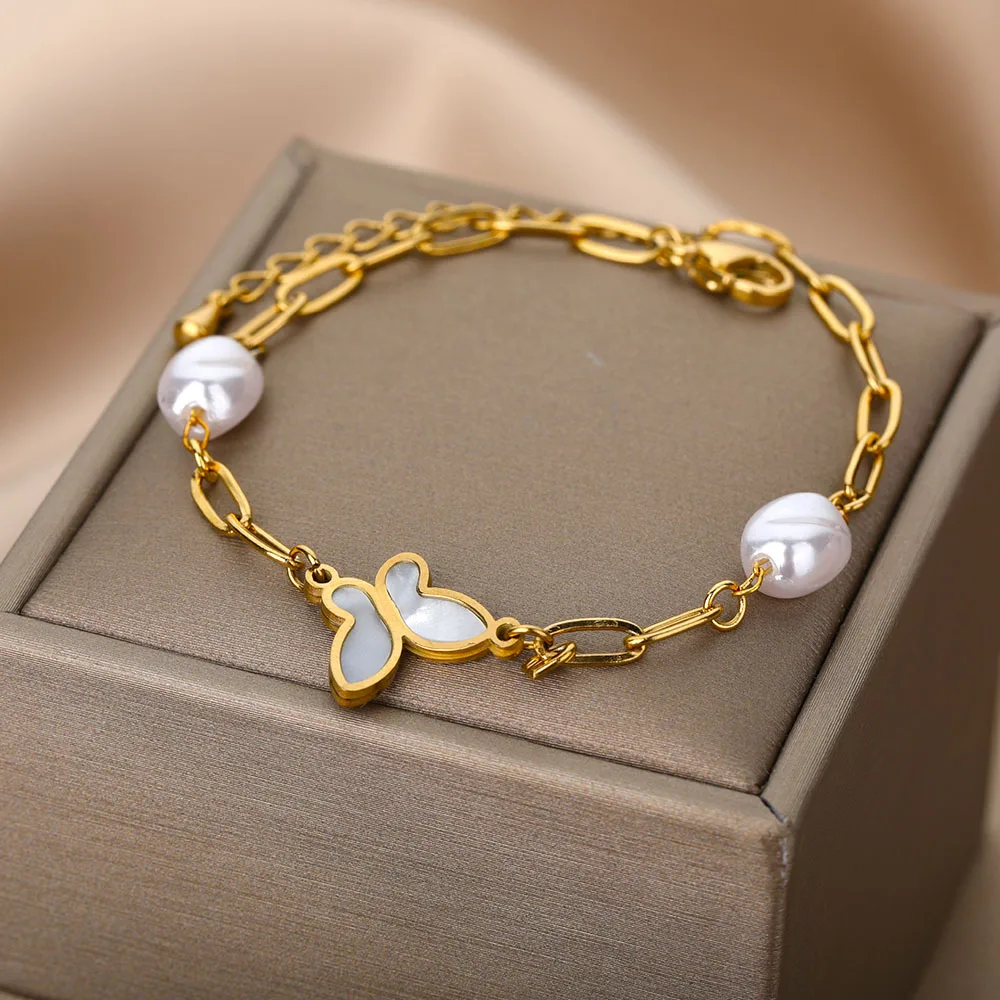 Opal Stone Moonstone Butterfly Bracelets Stainless Steel Gold Charm Pin Chain