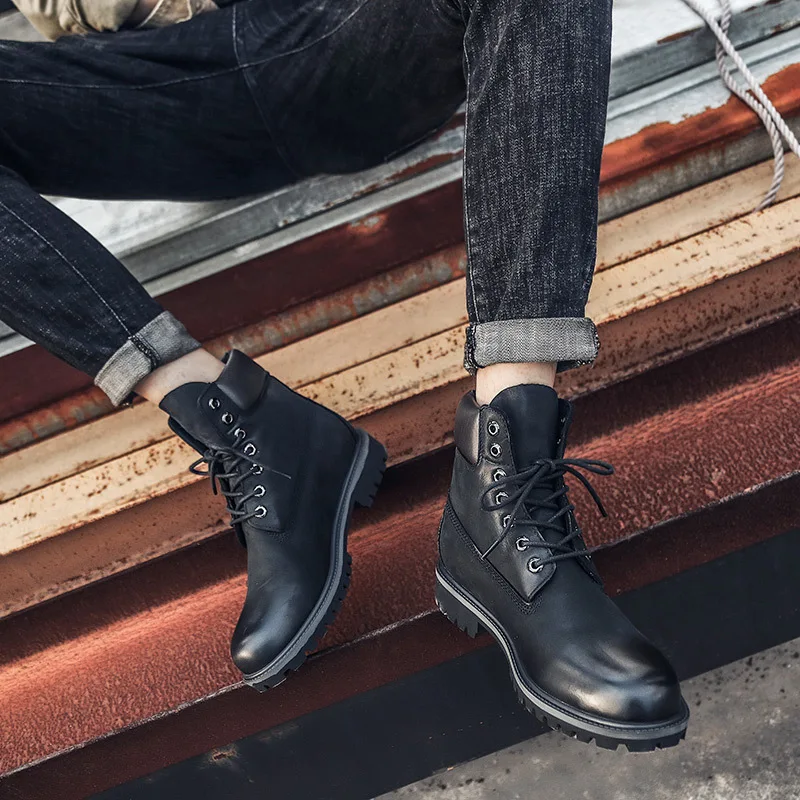 

Autumn And Winter COUPLE'S Hight-top Brushed And Thick Simple Fashion Warm Men And Women Martin Boots Waterproof Leather Boot