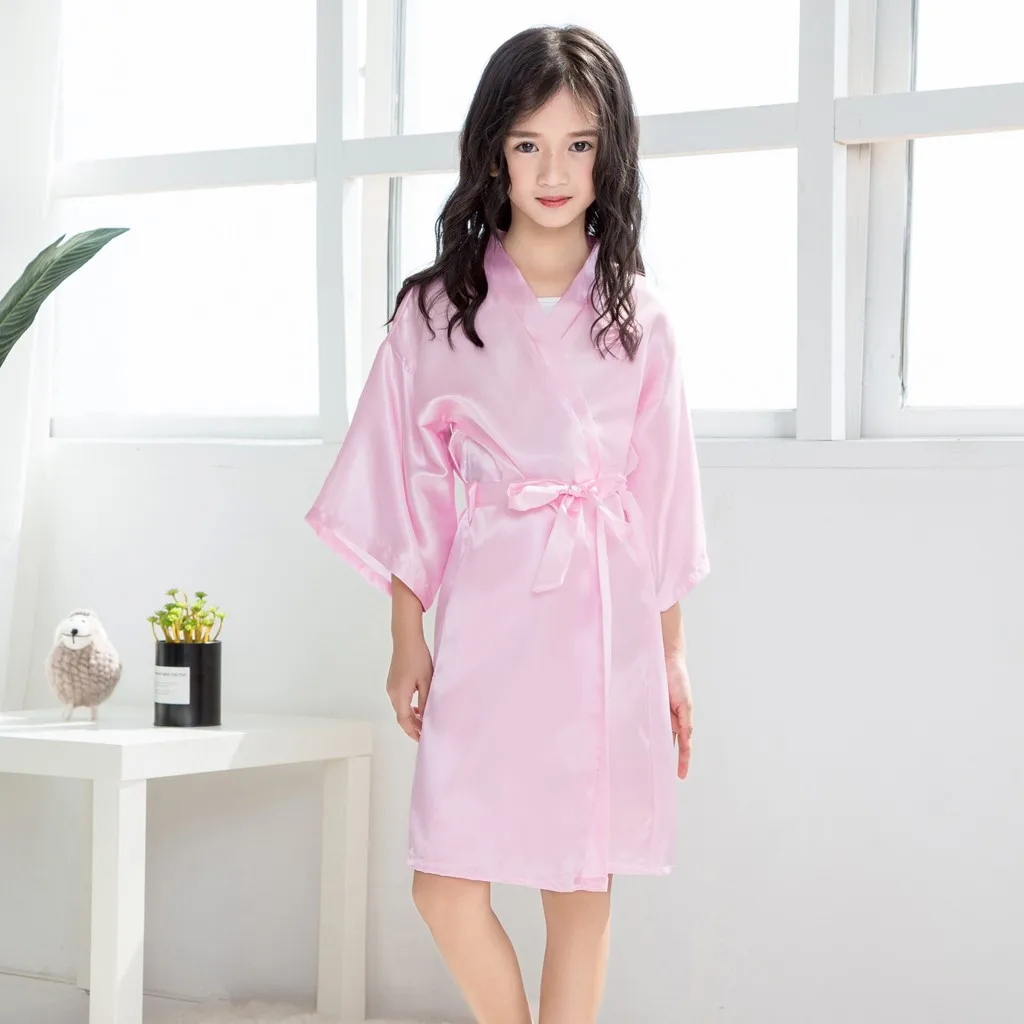 Toddler Baby Kids Girls Solid Silk Satin Kimono Robes Bathrobe Sleepwear Clothes 1PC Bathrobe+1PC Ribbons G1021