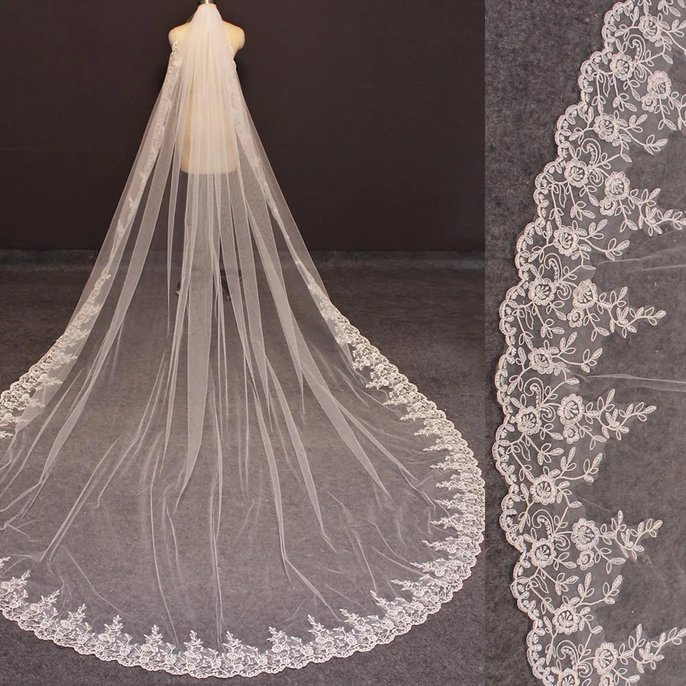 

Lace Long Wedding Veil 3.5 Meters White Ivory Bridal Veil with Comb One Layer Bride Veil Voile Mariage