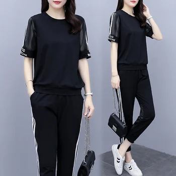 

Summer Clothes Women Large Plus Size 5XL sports suit Top And Pant Two Piece Set Sportwear Black Tracksuit Matching Set outfit