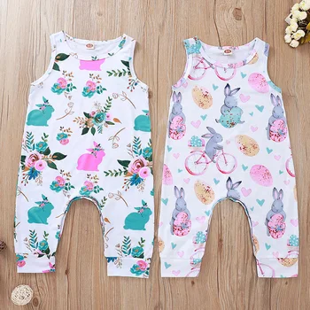 

Newborn Onesie Floral Romper Baby Girls Bunny and Flowers Print Sleeveless Jumpsuit Children Easter Outfit Twins Clothes