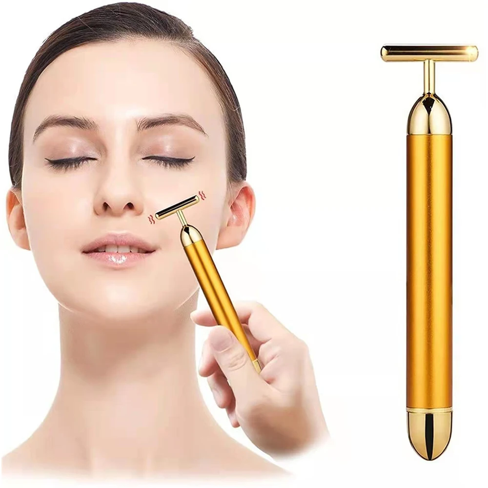 Facial massager face slimming massager 24K Gold Electric Facial Roller Bar Vibrating Face Beauty Massager T Shape Face Lift Anti-Wrinkles Skin Tightening Firming Tool