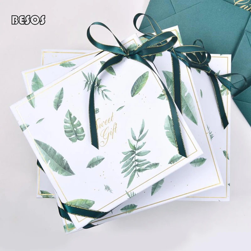 High-end Atmosphere Leaves Bronzing Edged Green Bow Wedding Birthday Party Lipstick Scarf Rectangular Cardboard Paper Gift Box | Дом и сад