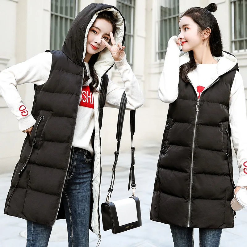 

2019 New Style Winter Korean-style Mid-length Warm Casual Cotton Vest Women's Autumn & Winter Hooded Vest Waistcoat Fashion