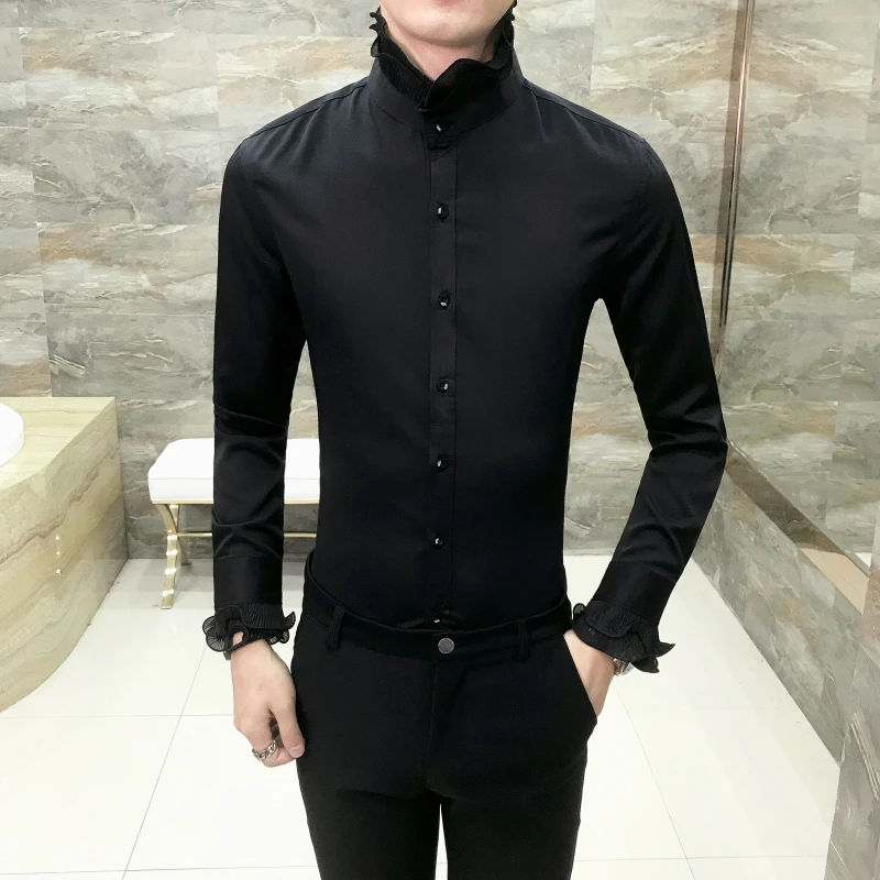 С кружевным воротником; рубашка-смокинг; уникальный дизайн; Винтаж WeddingShirt с длинным рукавом, Облегающая рубашка в готическом стиле Для мужчин Chemise Homme Camicia Uomo
