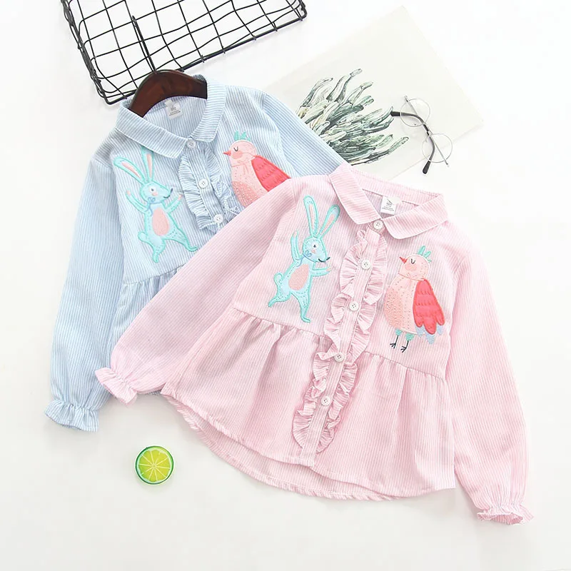 

Fresh ~ Foreign Trade Childrenswear Korean-style Girls Spring And Autumn Cartoon Applique Placket Frilled Stripes Long-sleeve Bl