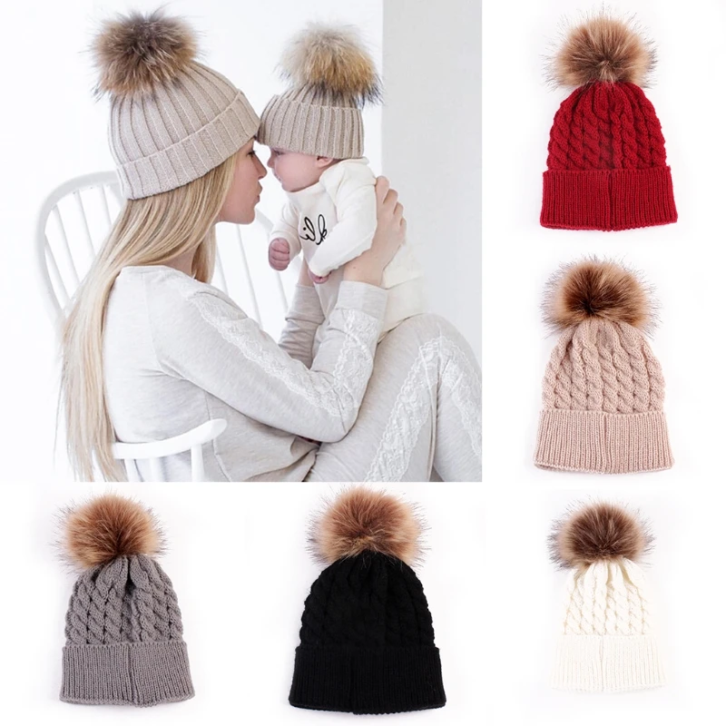 

Fashion Women Mother Baby Toddler Girls Boys Warm Winter Knit Beanie Fur Pom Hat Crochet Ski Ball Cap