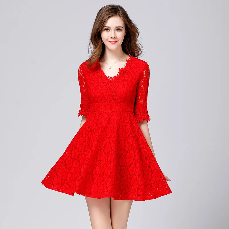 

2020 Spring And Summer New Style WOMEN'S Dress Red Dress Slimming Dinner Back Door Service Deep V-neck Lace Little Red Dress