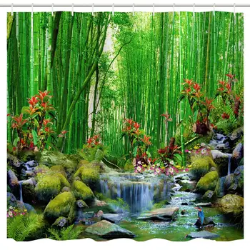 

Green Bamboo Decor Shower Curtain Fabric, Summer Outdoor Forest Jungle Waterfall Rock Nature Scenery Bath Curtain Art Printing,