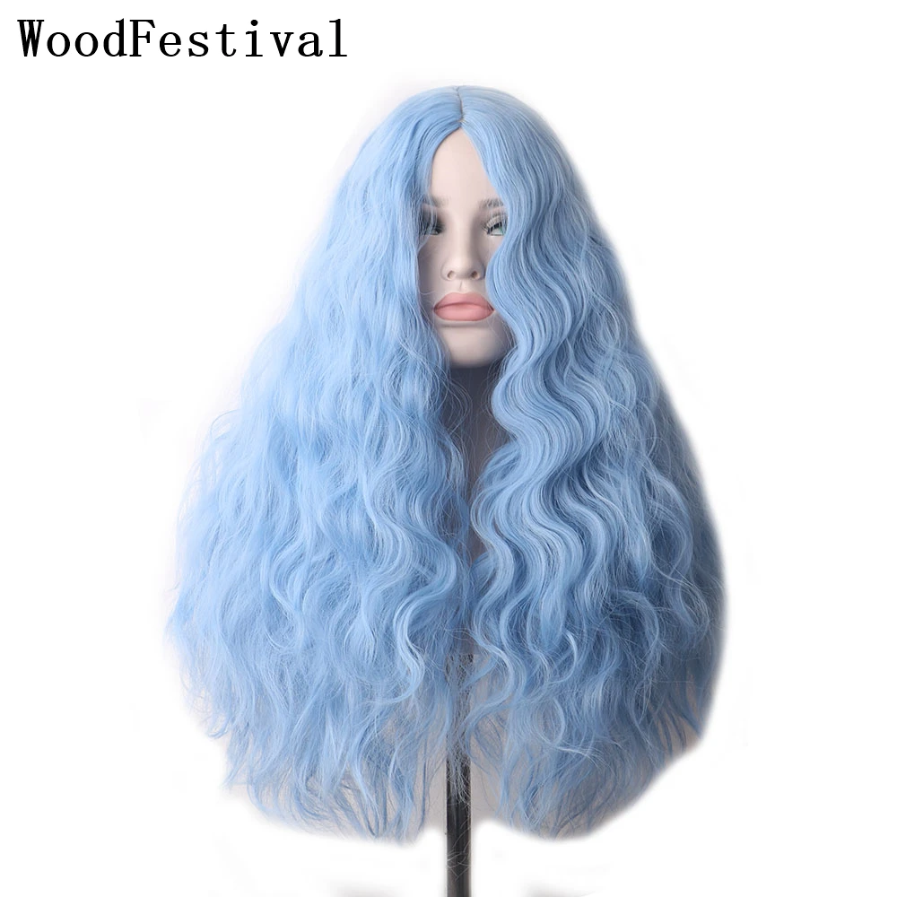 WoodFestival Synthetic Hair Light Blue Wig Cosplay Wigs For Women Long Curly Blonde Brown Ombre Pink Halloween Rainbow Female be hair be color 12 minute light blonde ash краска для волос тон 8 1 светлый блондин пепельный 100 мл