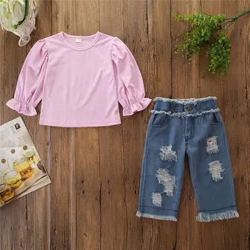 

Autumn Toddler Baby Girl Long Sleeve Blouse Tops Hole Design Denim Pants Trousers Casual Outfits