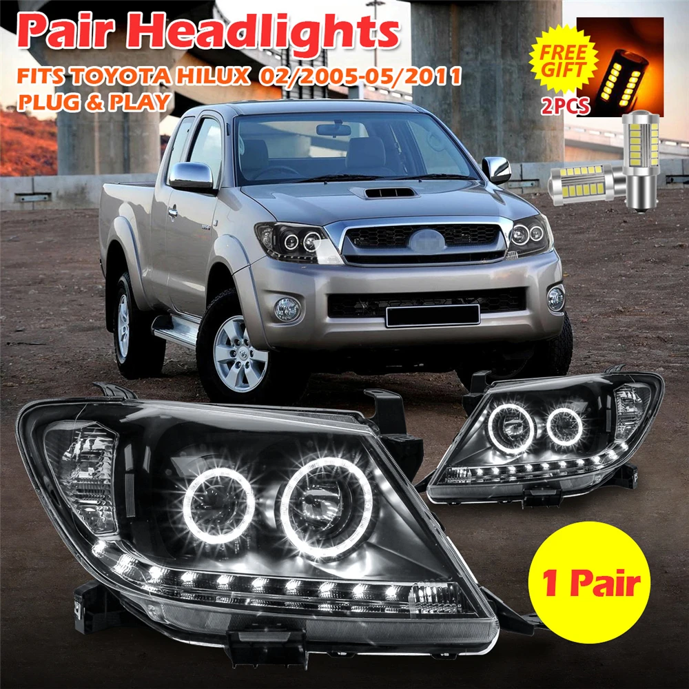 Pair Headlights Black DRL HALO Projector Lamp Angel Eyes for Toyota HILUX 2005 2006 2007 2008