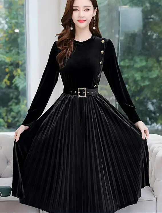 Spring New Arrival Hot Sale Fashion Stand Collar Long Sleeve Velvet Woman Pleated Long Dress