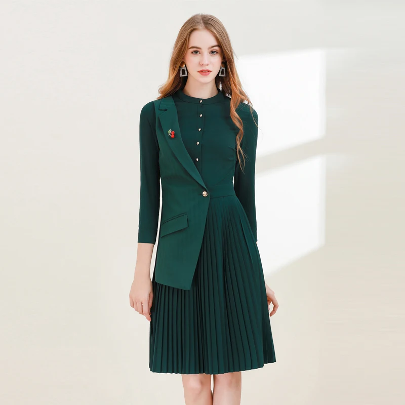 

Xiaomoli Green solid Pleated Dress round neck fashion commuter irregular dress new fall 2019