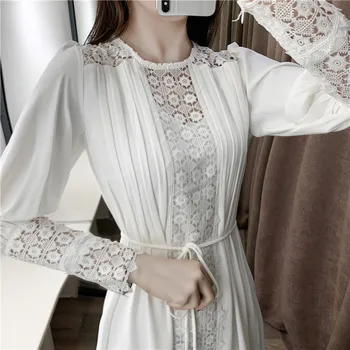 

WOMENGAGA 2020 Spring New Solid White Dress Vintage Patchwork Empire Lace Pullover Women's Loose Sashes Long Zippers A095