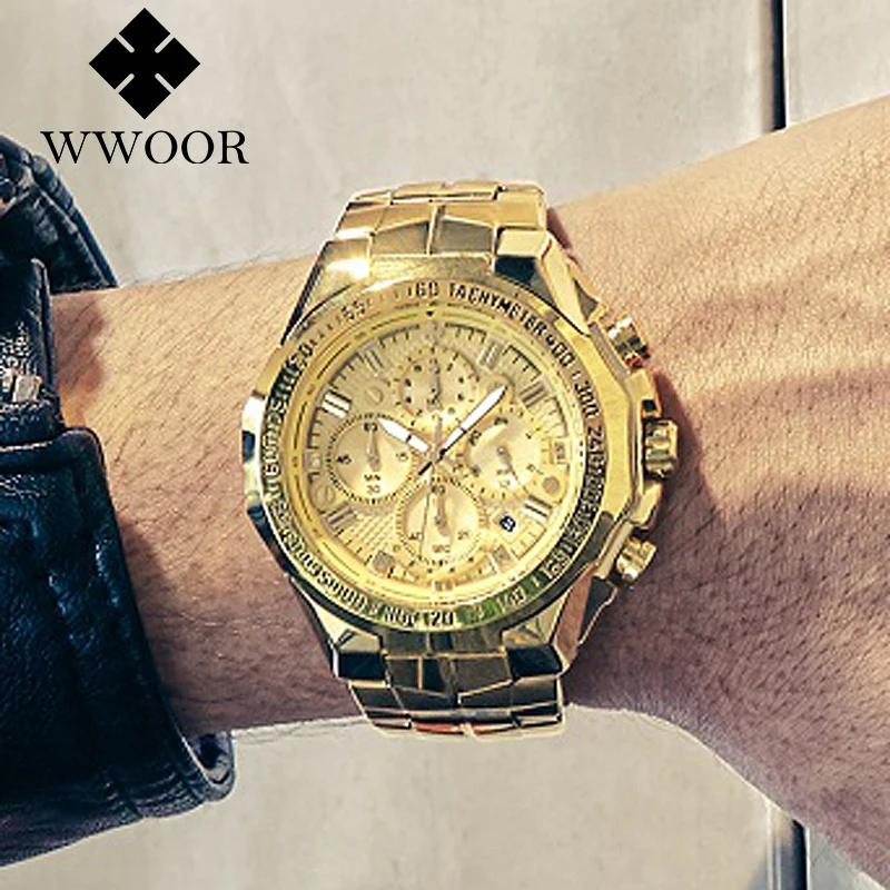 Мужские наручные часы WWOOR роскошные золотые с хронографом большие для мужчин