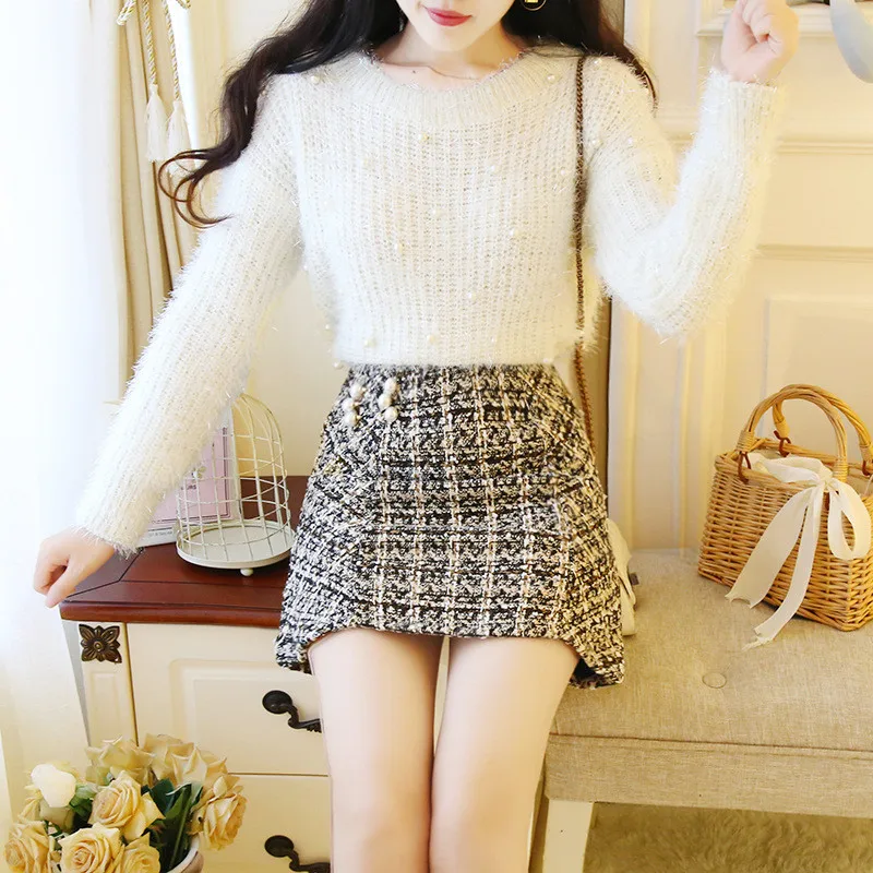 Женский комплект из 2 предметов, свитер с длинными рукавами и бусинами, шерстяная клетчатая юбка, вязаная юбка и пуловер, комплект зимних свитеров, корейский теплый комплект