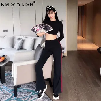 

2019 Fashion Tracksuits For Women Fitness Sporting Two Pieces Set Backless Bow Short Long Sleeve Top + High Waist Wide Leg Pants