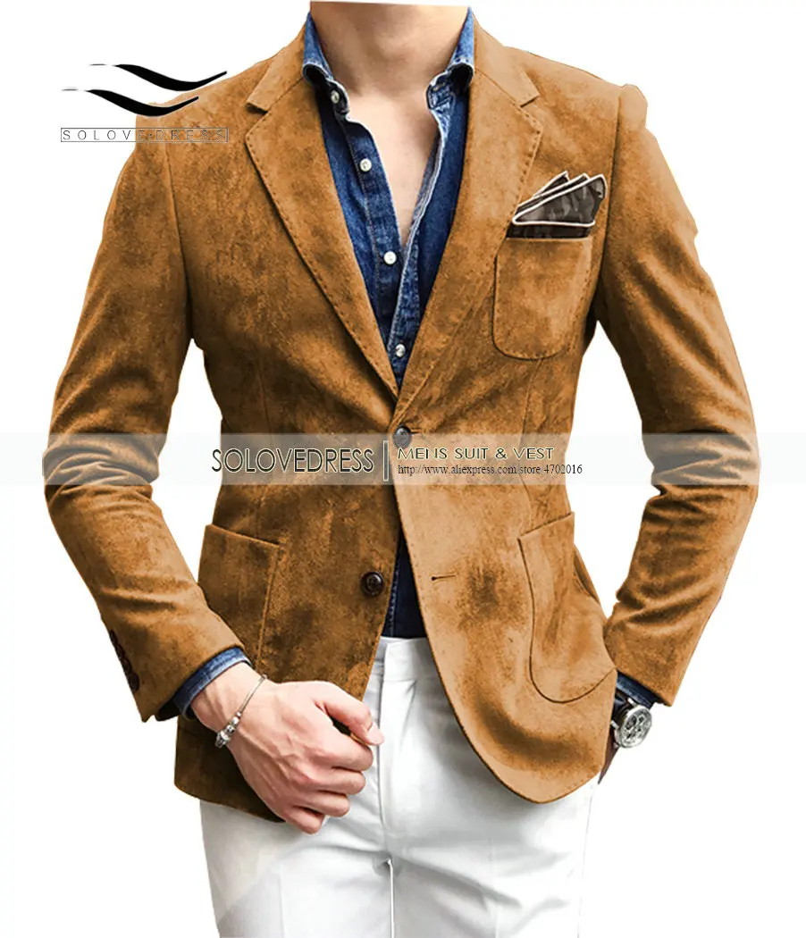 2 предмета, мужской замшевый костюм, Повседневный, на двух пуговицах, с отворотом, смокинги, Классический/Винтажный/джинсовый пиджак, Женихи для мужчин(Блейзер+ брюки), кофейный - Цвет: Gold