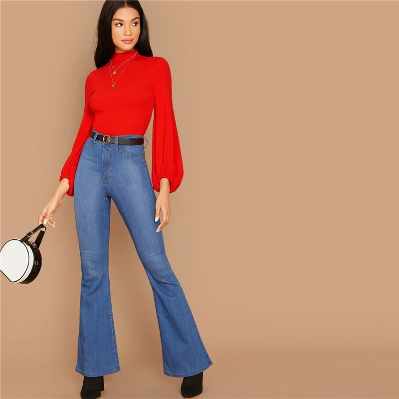 SHEIN модная женская футболка с воротником-стойкой и рукавом-фонариком с рюшами в рубчик без ожерелья, осенняя однотонная элегантная женская футболка для офиса