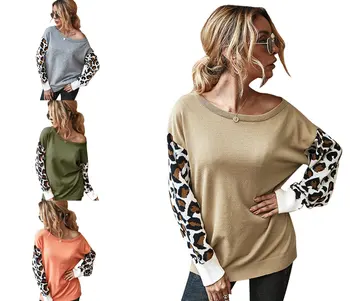 

Casual Leopard Patchwork Womens Sweater Loose Contrast Color Pullover Drop Shoulder Sleeves Winter Knitted Sweater