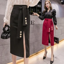 Осенняя уличная Женская юбка с разрезом на пуговицах, облегающее платье с высокой талией, облегающее платье в Корейском стиле, женские юбки